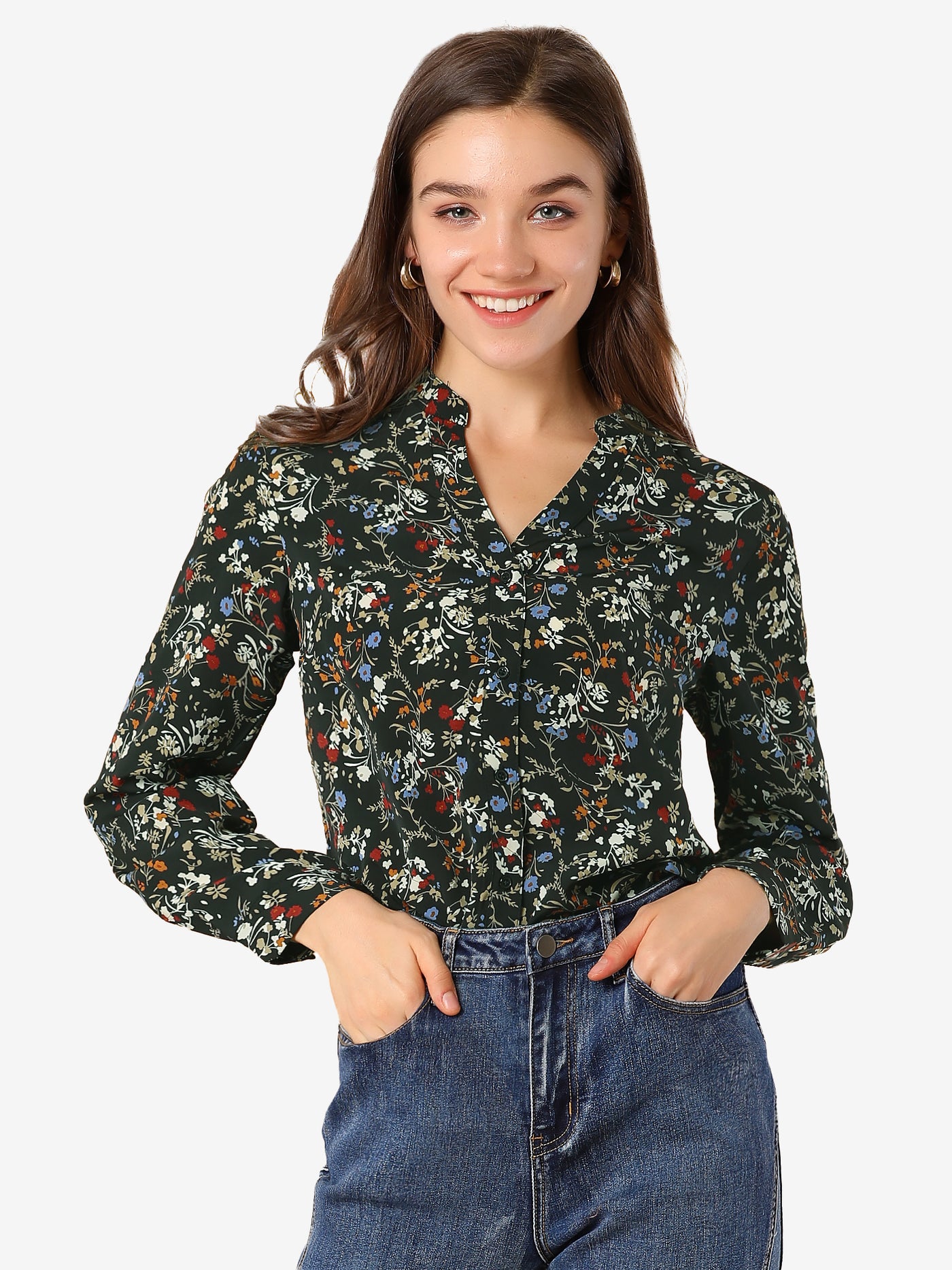 Allegra K Chiffon Floral Tops V Neck Long Sleeve Button-Up Blouse Shirt