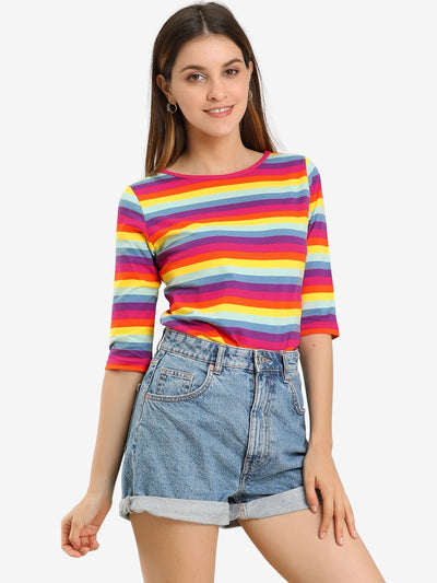 Elbow Sleeve Round Neck Casual Striped T-Shirt