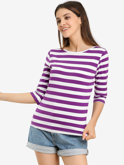 Elbow Sleeve Round Neck Casual Striped T-Shirt