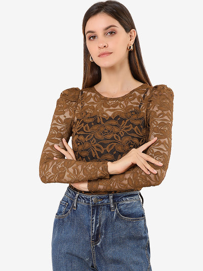 Retro Semi Sheer Puff Long Sleeve Embroidery Lace Blouse