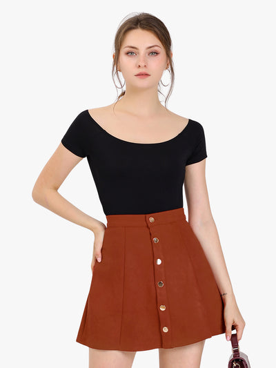 Faux Suede Button Closure A-Line High Waisted Short Skirt