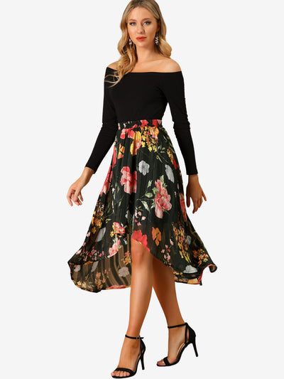 Allegra K High Low Hem Elastic Waist Lurex Chiffon A-Line Midi Floral Skirt