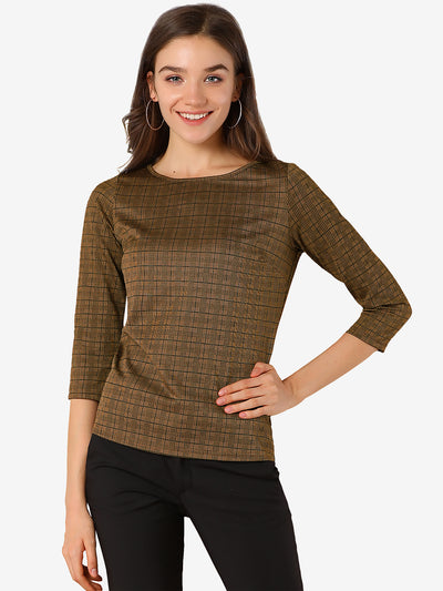 Work Office 3/4 Sleeve Boat Neck Houndstooth Printed Top Blouse