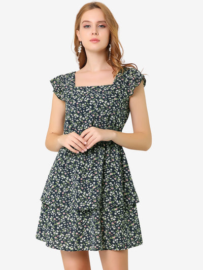 Allegra K Short Sleeve Square Neck Elastic Waist Layered Floral Mini Dress