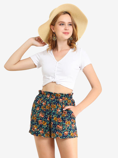 Boho Summer Casual Elastic Waist Rose Floral Shorts
