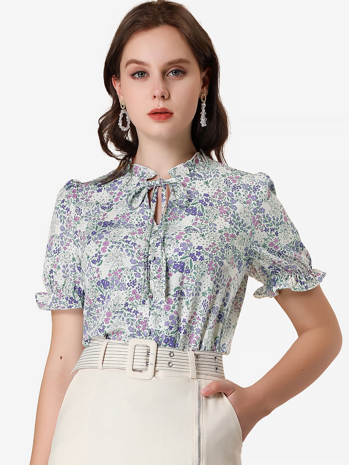 Allegra K Ruffle Self Tie Neck Puff Short Sleeve Work Floral Blouse