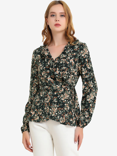 Floral V Neck Wrap Top Long Sleeve Tie Waist Ruffle Peplum Blouse