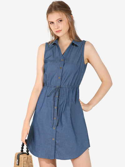 Denim Collar Button Down Tie Waist Jean Shirt Dress