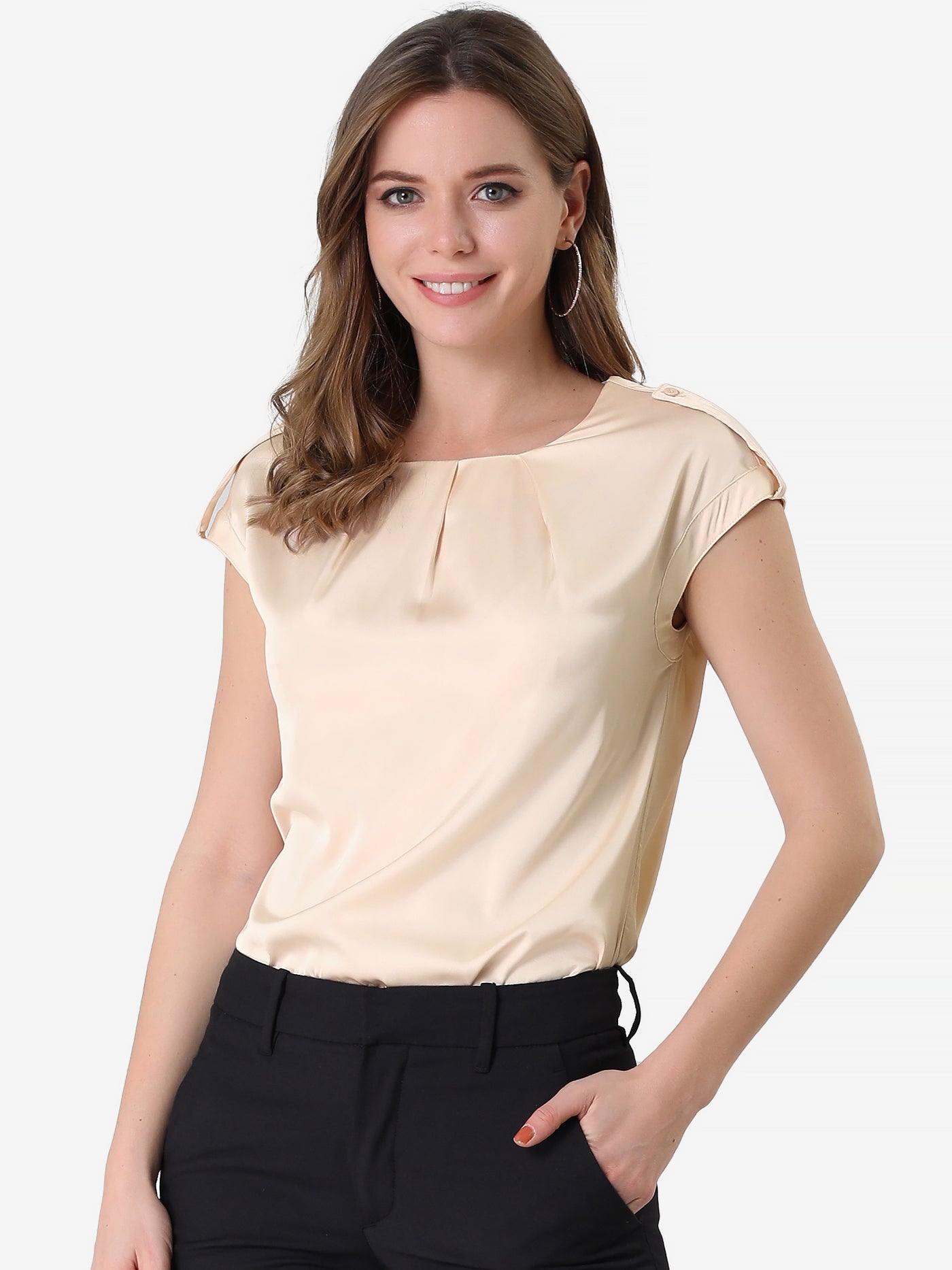 Allegra K Satin Cap Sleeve Top Pleated Casual Work Office Blouse