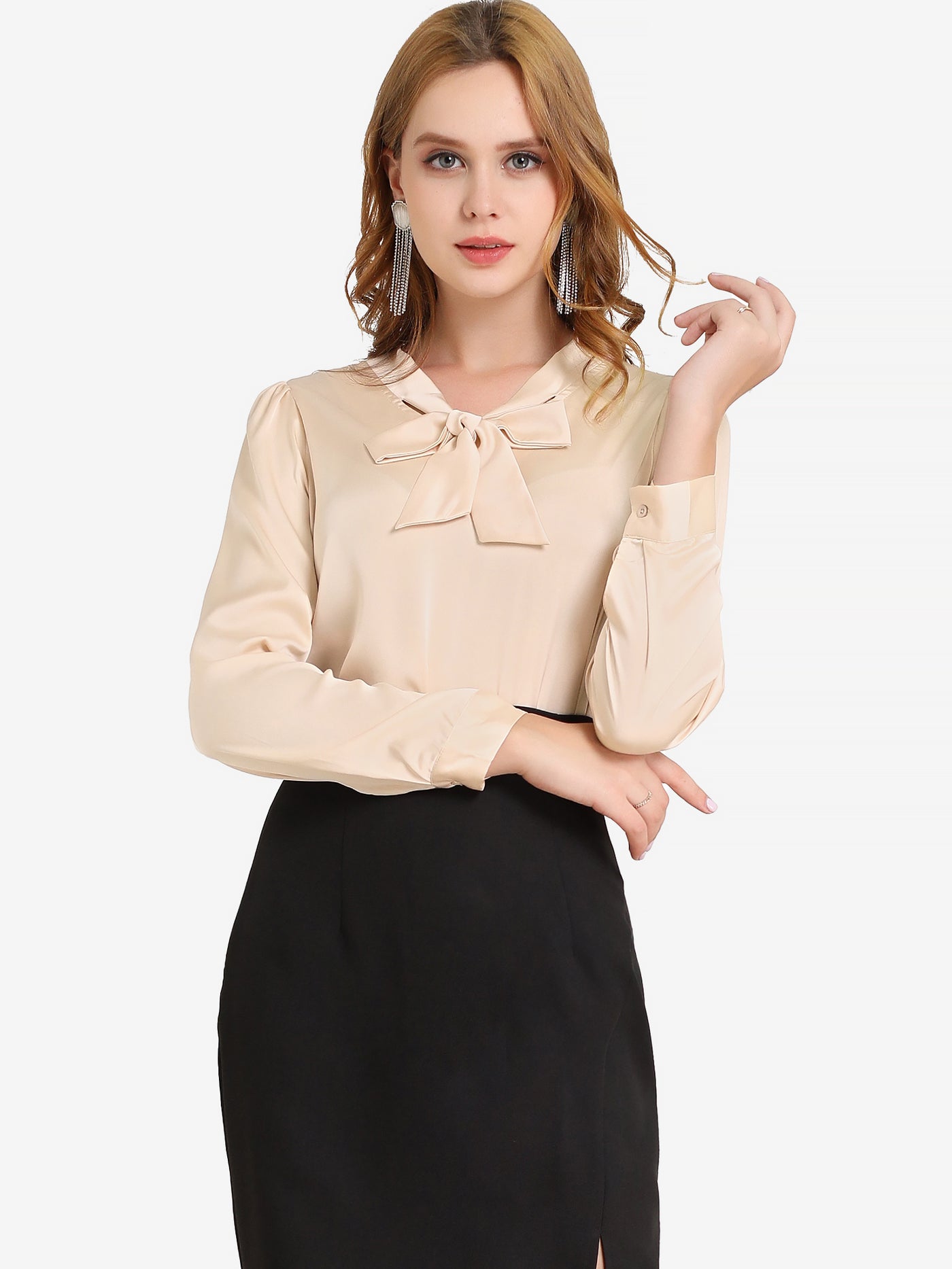 Allegra K Satin Work Office Blouse Tie Neck Business Casual Top