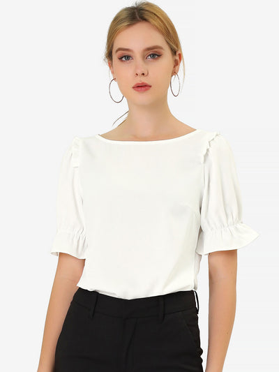 Round Neck Short Puff Sleeve Ruffle Top Blouse