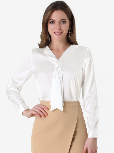 Satin Tie Neck Long Sleeve Solid Color Elegant Office Work Shirt Top