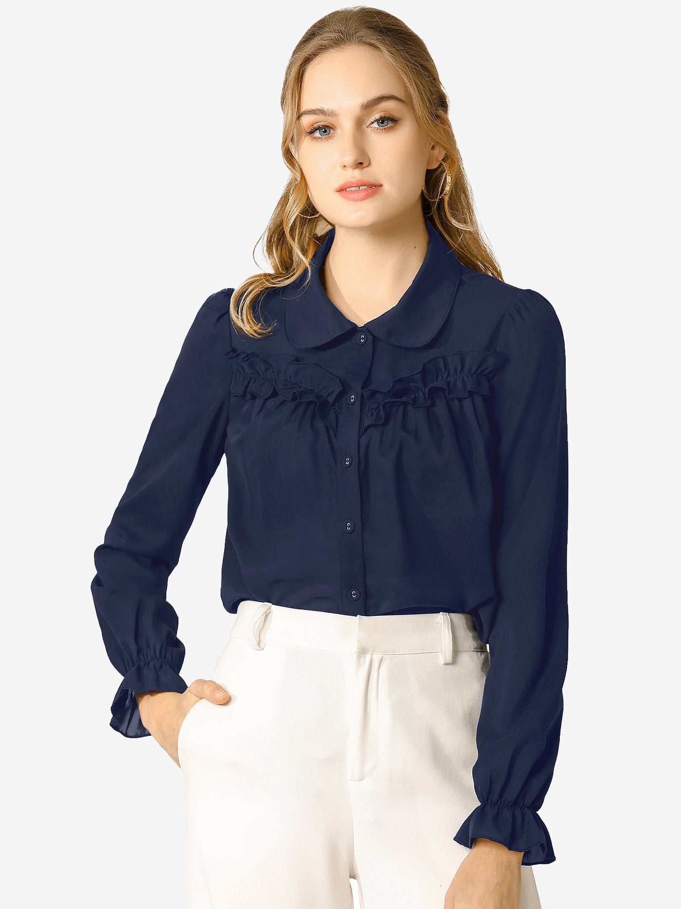 Allegra K Button Down Ruffle Blouse Long Sleeve Peter Pan Collar Work Shirt Top