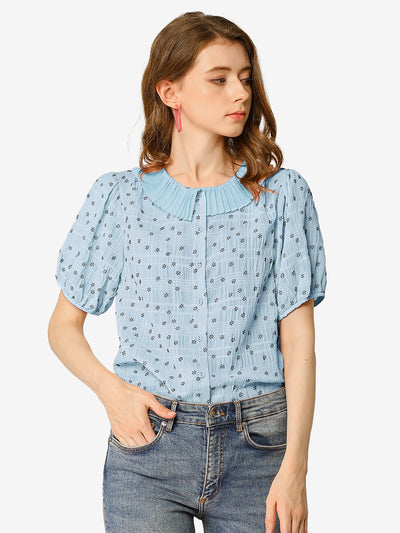 Button Down Short Sleeve Shirt Pleated Collar Floral Blouse