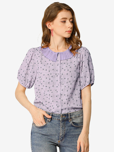 Button Down Short Sleeve Shirt Pleated Collar Floral Blouse