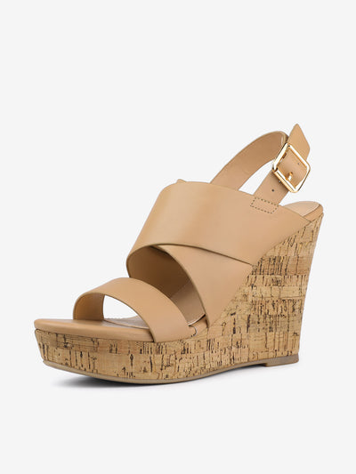 Solid Straps Wood Platform Wedge Slingback Sandals