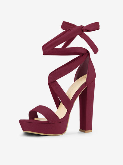 Faux Suede Lace Up Platform Block Heel Sandals