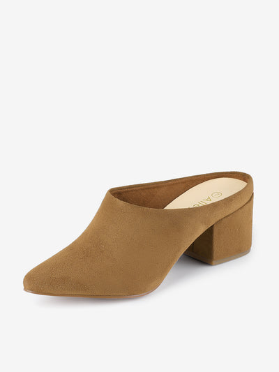 Faux Suede Pointed Toe Slip On Block Heel Slide Mules