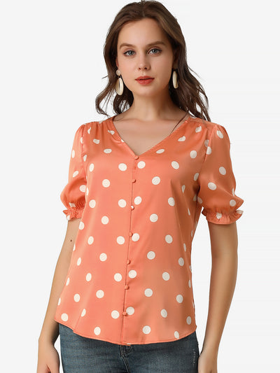 Allegra K Summer V Neck Polka Dots Button Front Short Sleeve Satin Blouse Top