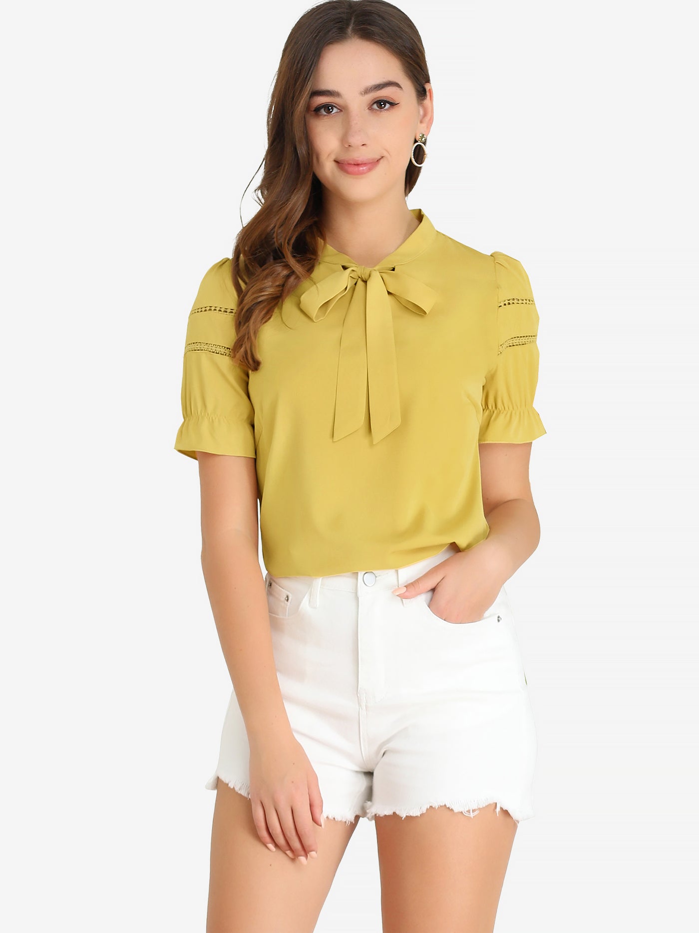 Allegra K Bow Tie Collar Short Sleeve Elegant Office Workwear Blouse