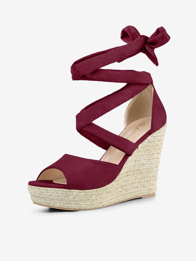 Faux Suede Lace Up Espadrille Wedge Heel Sandals