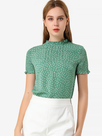 Allegra K Polka Dots Smocked Sleeve Ruffle Neck Blouse Top