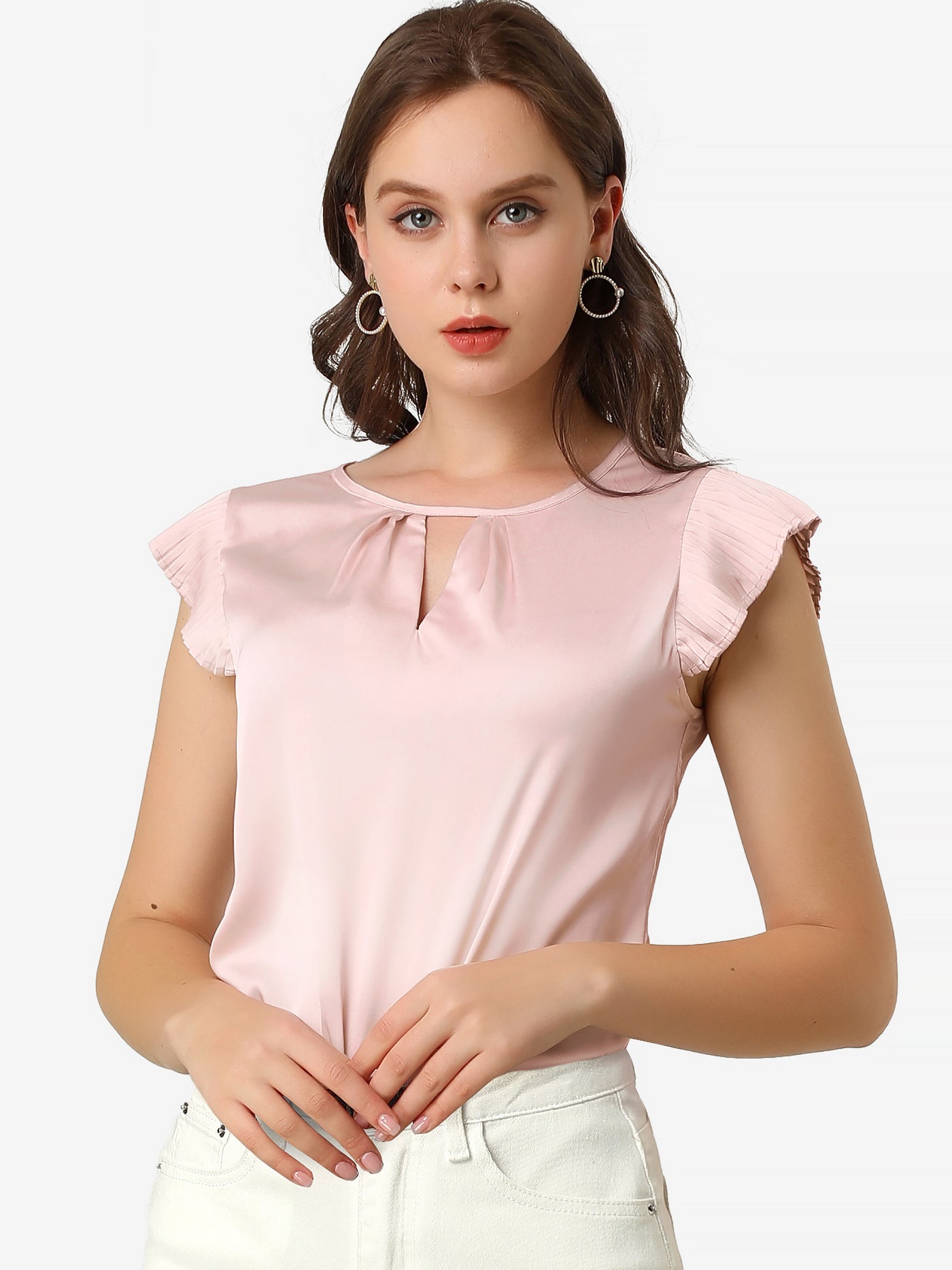 Allegra K Satin Work Office Top Cut Out Keyhole Back Pleated Cap Sleeve Blouse