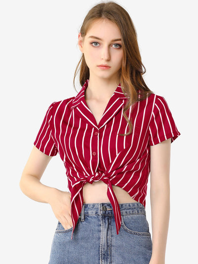 Striped Button Up Lapel Collar Top Short Sleeve Tie Front Crop Shirt