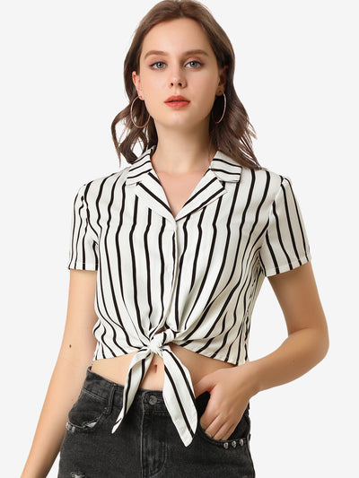 Striped Button Up Lapel Collar Top Short Sleeve Tie Front Crop Shirt