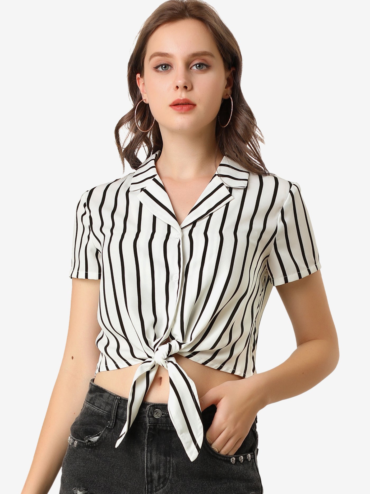 Allegra K Striped Button Up Lapel Collar Top Short Sleeve Tie Front Crop Shirt