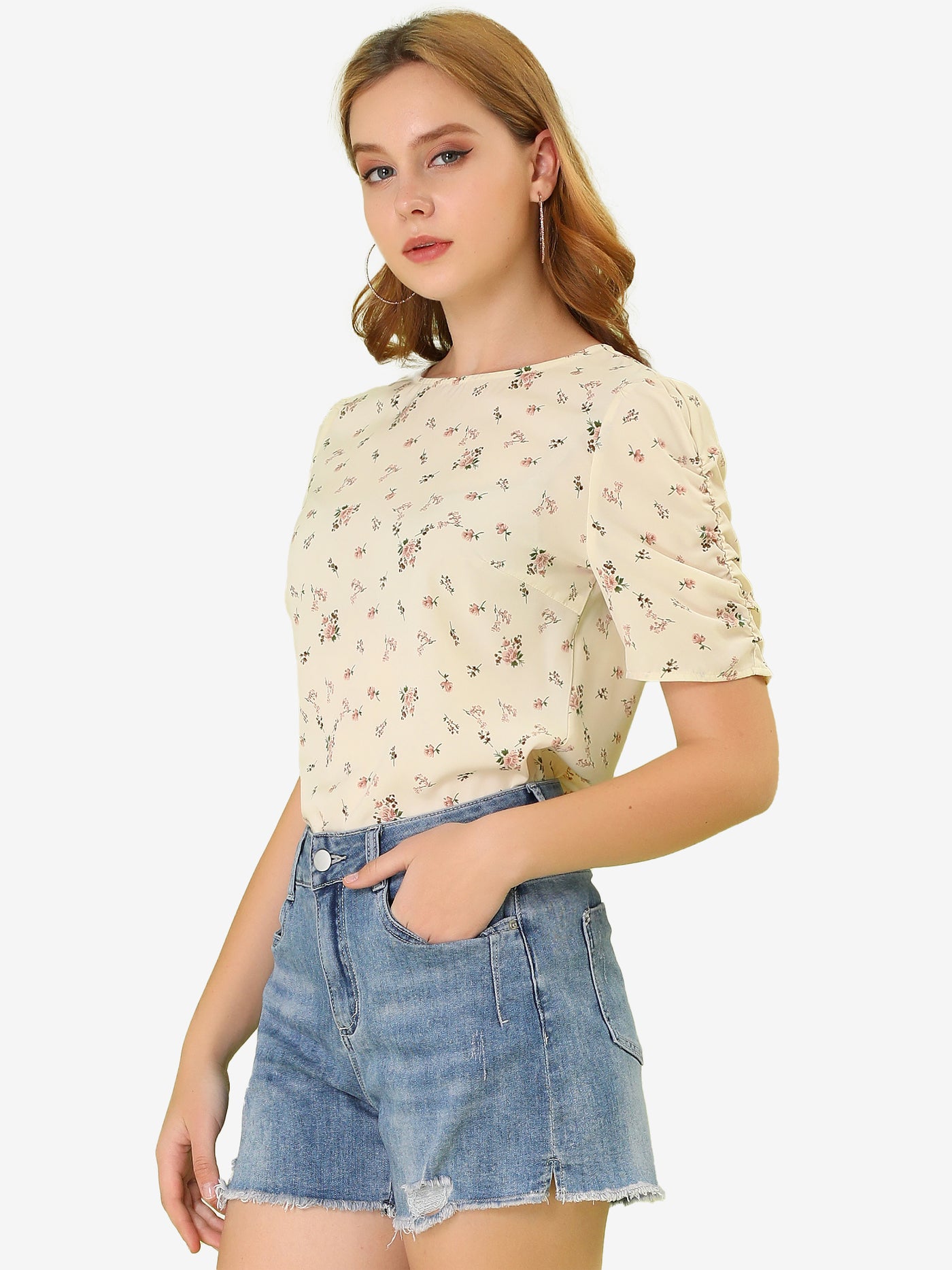 Allegra K Crew Neck Floral Casual Shirred Short Sleeve Blouse