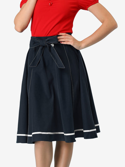 Allegra K Flared Bow Tie Waist Button Decor Contrast Trim A-Line Skirt