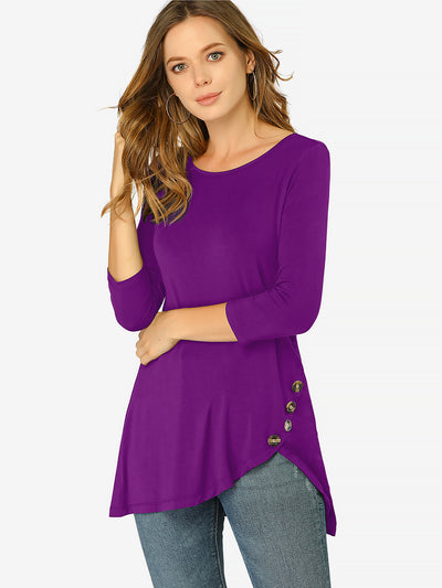 3/4 Sleeve Round Neck Button Decor Casual Stretchy Tunic Tops