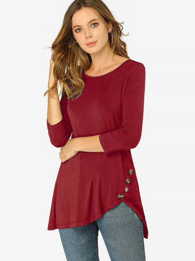 3/4 Sleeve Round Neck Button Decor Casual Stretchy Tunic Tops