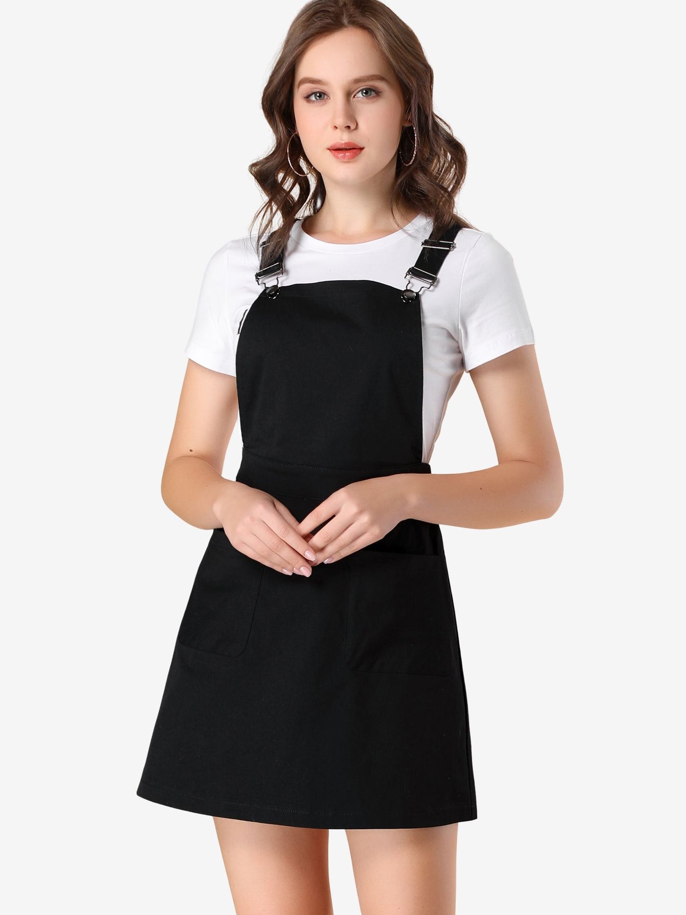 Allegra K Adjustable Strap Suspender Skirt Pocket A-Line Pinafore Overall Dress