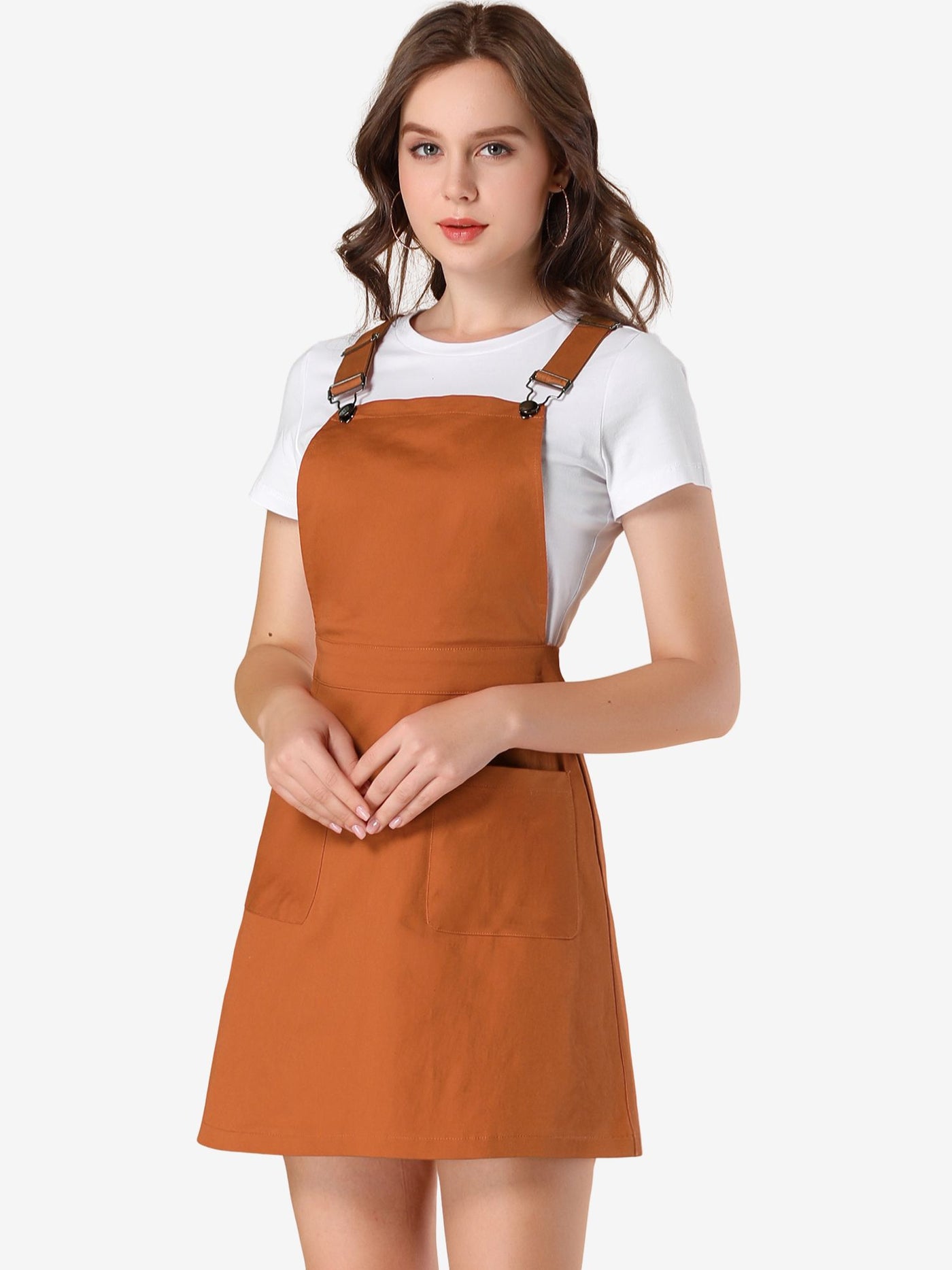 Allegra K Adjustable Strap Suspender Skirt Pocket A-Line Pinafore Overall Dress