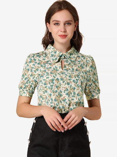 Elegant Turndown Collar Summer Puff Sleeve Vintage Floral Blouse