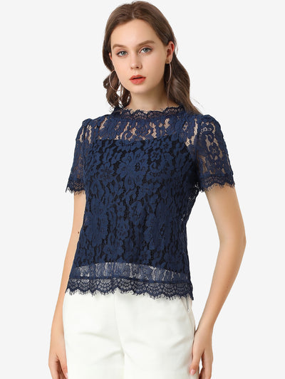 Lace Floral Scalloped Trim Short Sleeve Semi Sheer Blouse