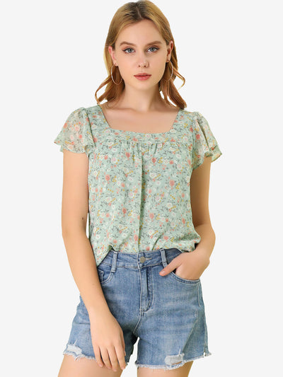 Chiffon Ruffle Sleeve Top Layered Vintage Ditsy Floral Blouse