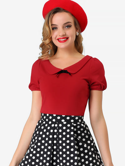 Bow Neck Solid Short Sleeve Peter Pan Collar Blouse