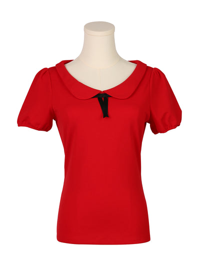 Bow Neck Solid Short Sleeve Peter Pan Collar Blouse