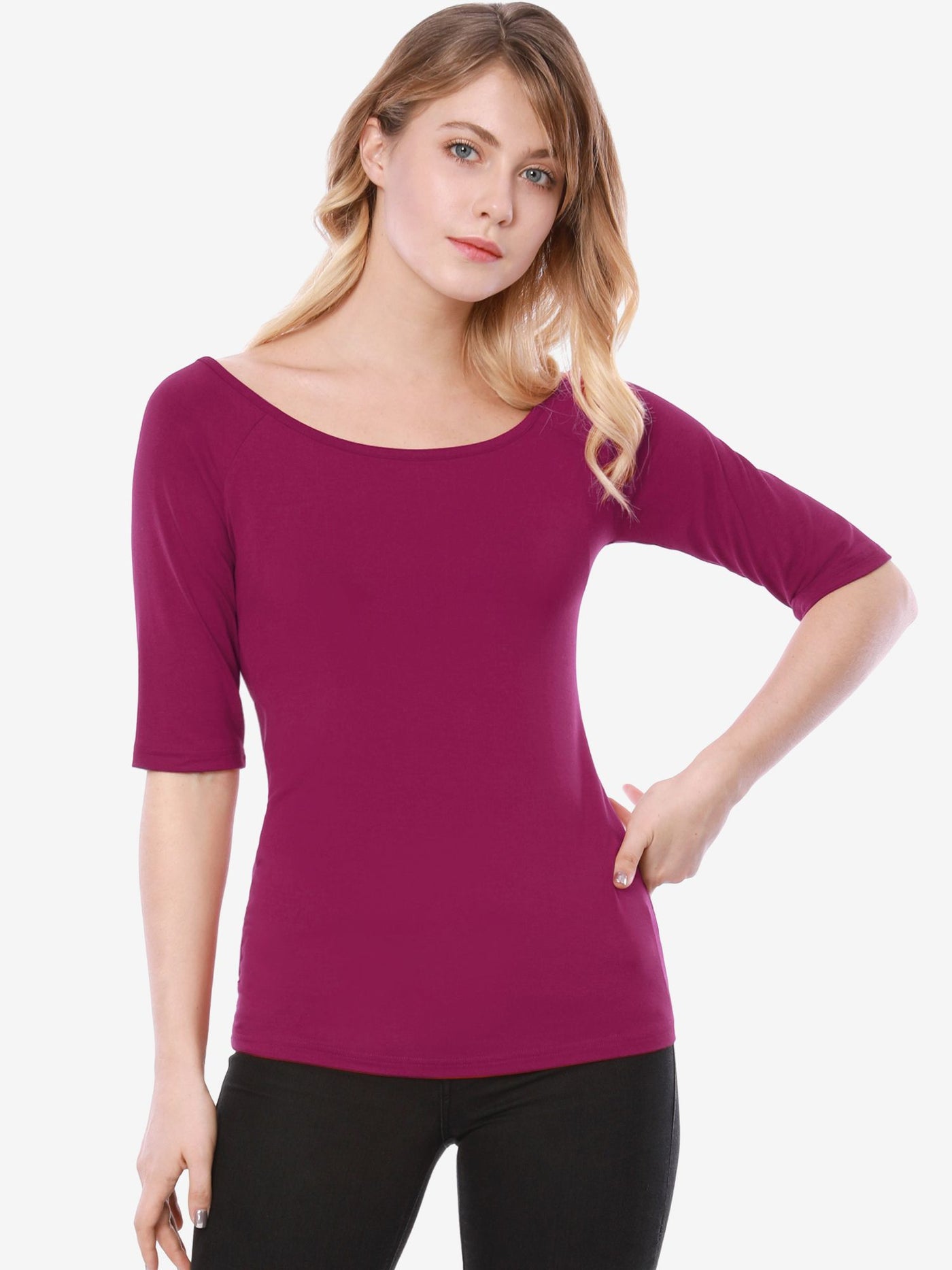 Allegra K Half Sleeve Scoop Neck Fitted Layering Top T-Shirt