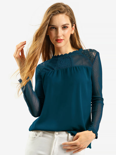 Lace Mesh Long Sleeve Top Round Neck Casual Elegant Blouse