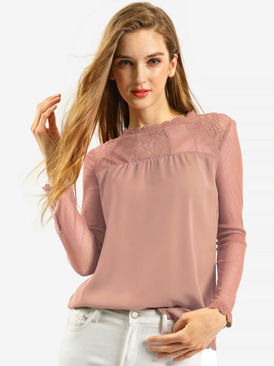 Lace Mesh Long Sleeve Round Neck Casual Elegant Blouse