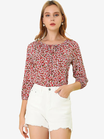 Bow Tie Neck 3/4 Raglan Sleeve Floral Blouse Tops