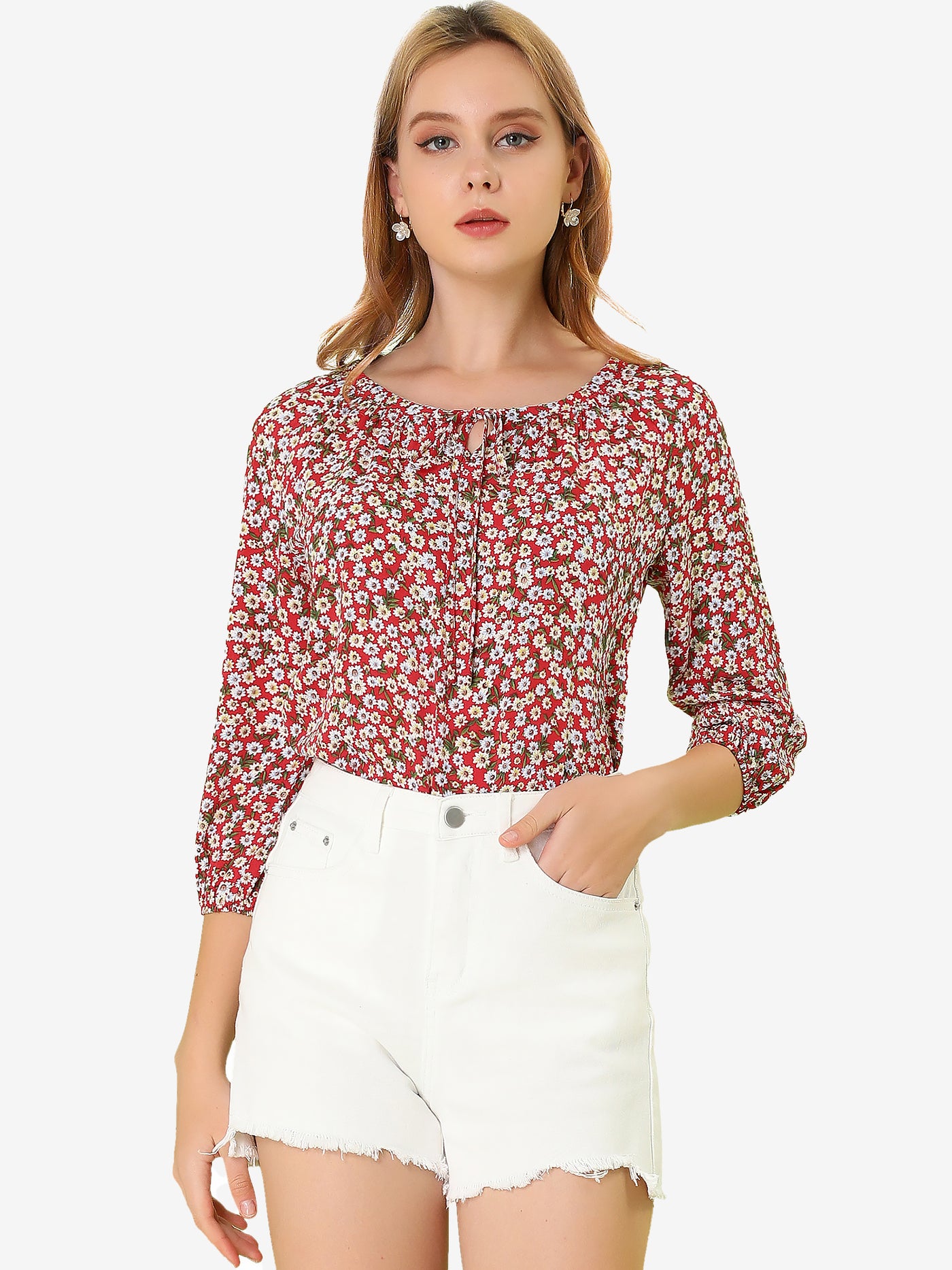 Allegra K Bow Tie Neck 3/4 Raglan Sleeve Floral Blouse Tops