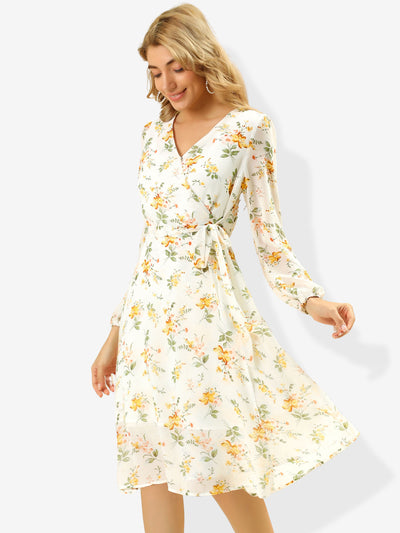 Chiffon Floral V Neck Tie Waist Bishop Sleeve Casual Wrap Midi Dress