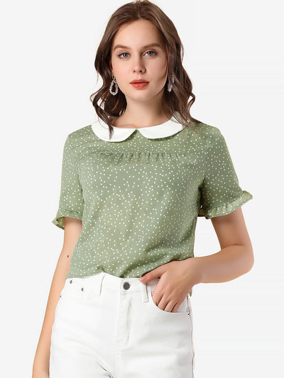 Allegra K Casual Doll Collar Contrast Ruffled Short Sleeve Polka Dots Blouse