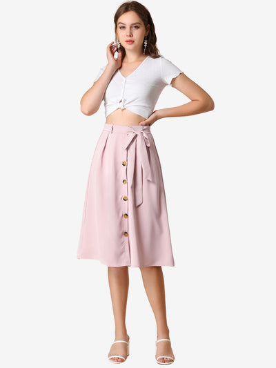 Button Front Casual High Waist Belted Midi Flare Skirt