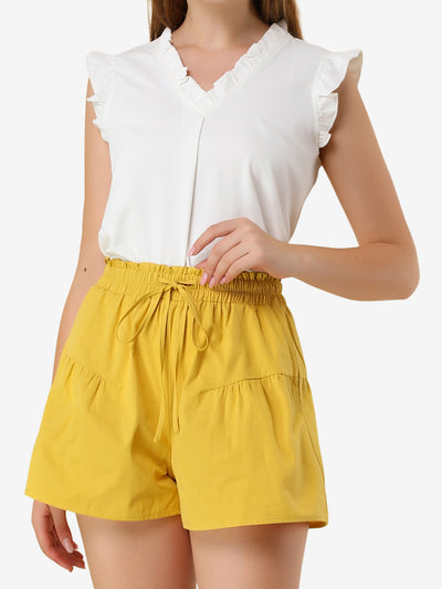 Allegra K Casual Side Pockets Wide Leg Elastic Waisted Cotton Shorts